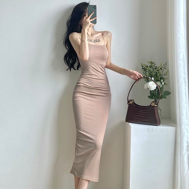 Váy Dài Vừa Thắt Nút Hở Lưng Xếp Ly Tôn Ngực Gợi Cảm Nổi Tiếng Trên Mạng Mùa Hè Gegejia Váy Liền Ôm Mông Hai Dây Tôn Dáng