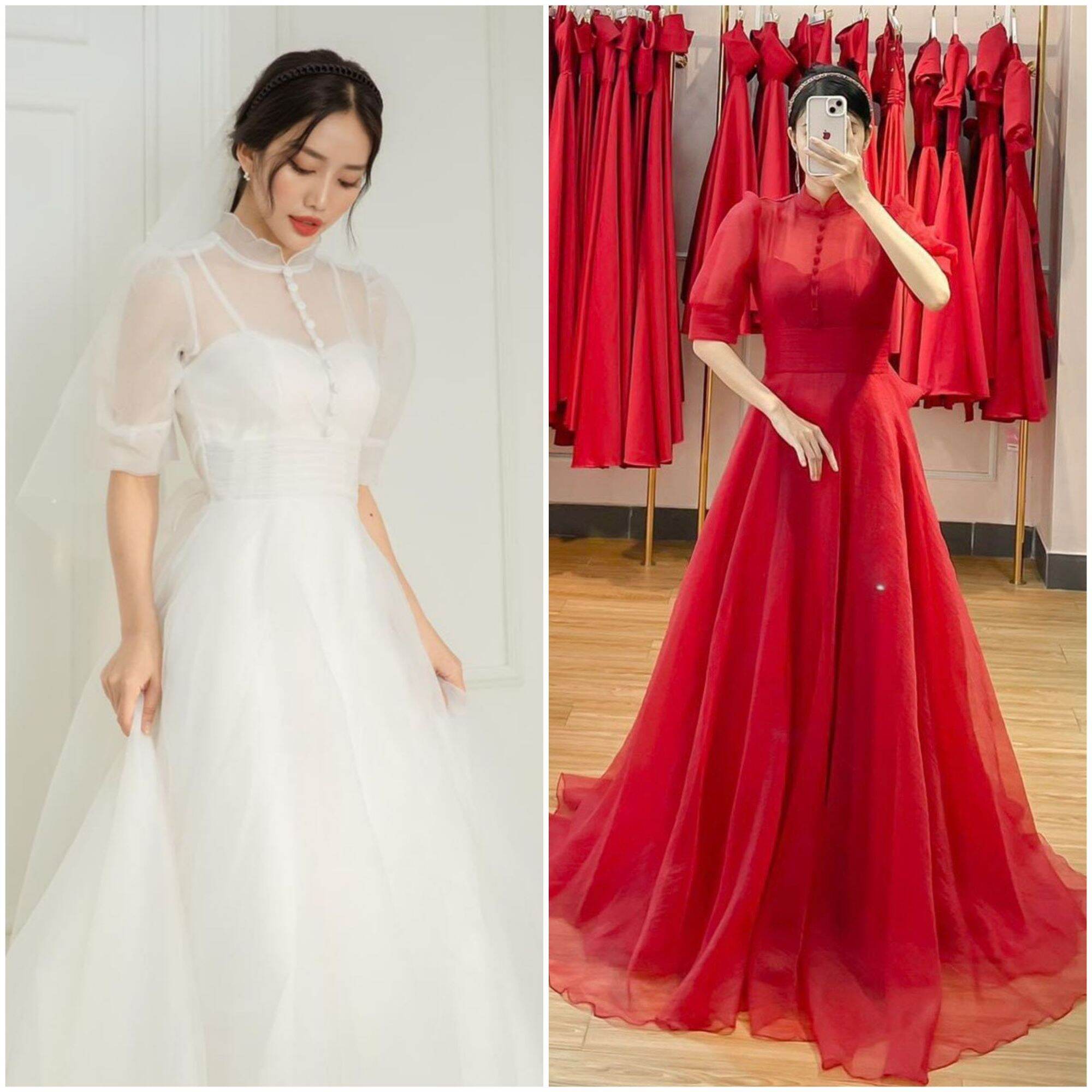 Đầm váy cô dâu đi bàn, dạ hội tay phồng thắt eo xòe phồng, phối nút bọc ,đơn giản thanh lịch sang trọng