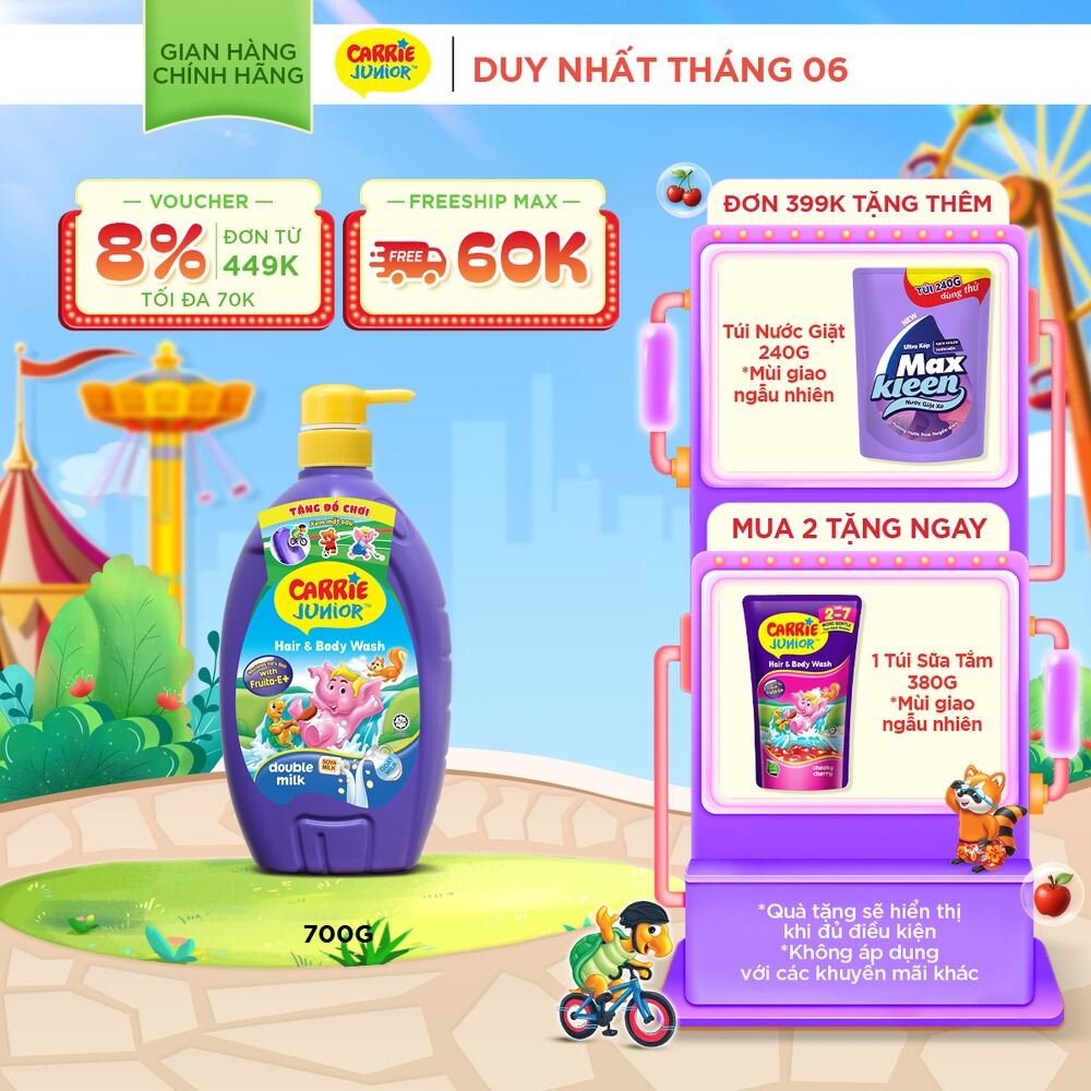 Sữa Tắm Gội cho bé Carrie Junior chiết xuất trái cây thiên nhiên Hương Tinh Chất Sữa 700g