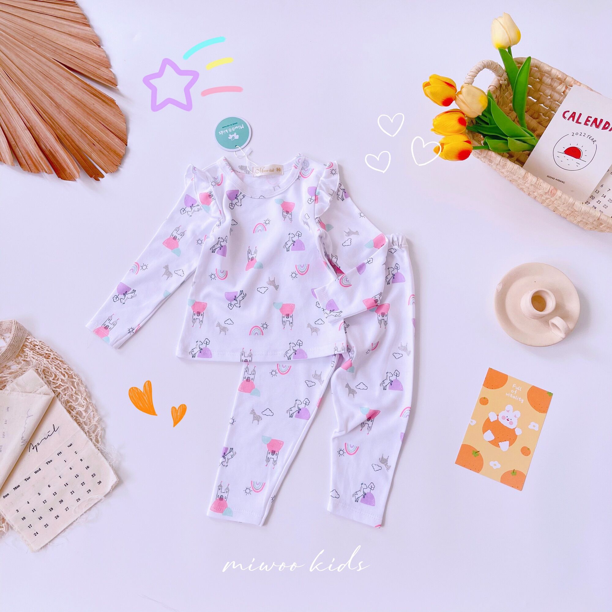 Đồ bộ tay dài bé gái bèo vai xuất Nhật Miwoo