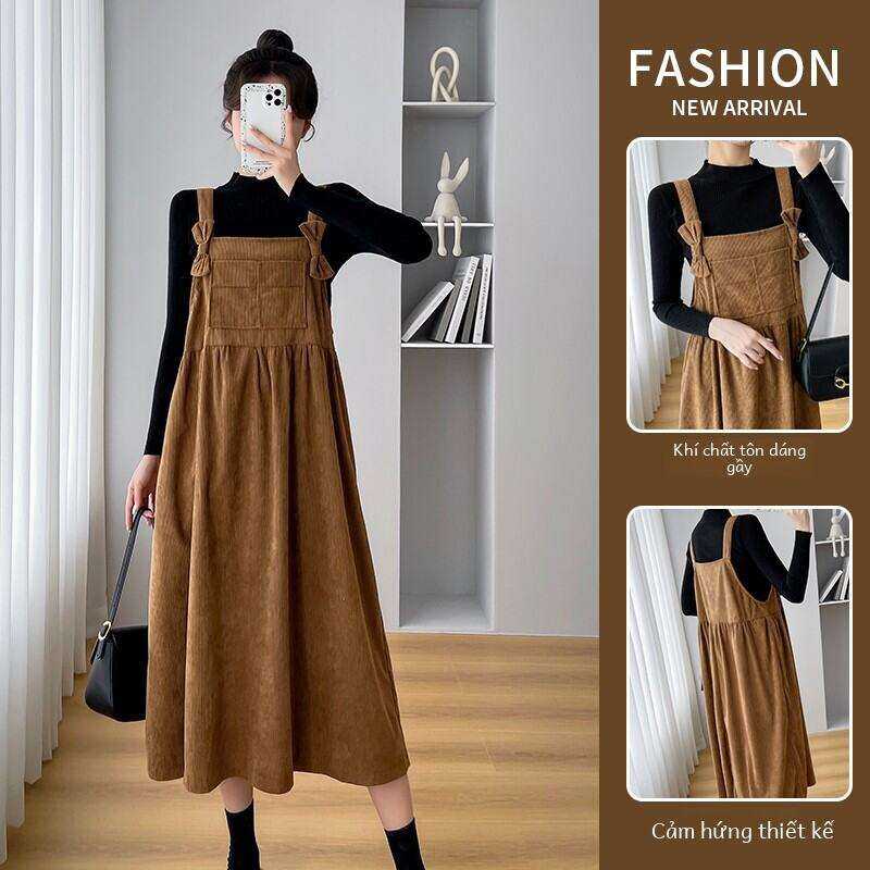 Bộ Đồ Hai Mảnh Thời Trang Cho Bà Bầu Mùa Thu Đông Mới Về Váy Sơ Mi Cổ Điển + Áo Cơ Bản Đa Năng Quần Áo Cho Bà Bầu