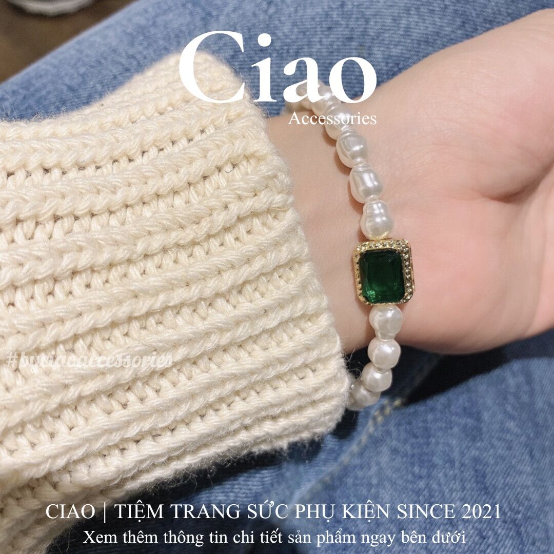 Vòng cổ, vòng tay hạt trai nước ngọt đính charm xanh cổ điển Peridot Ciao