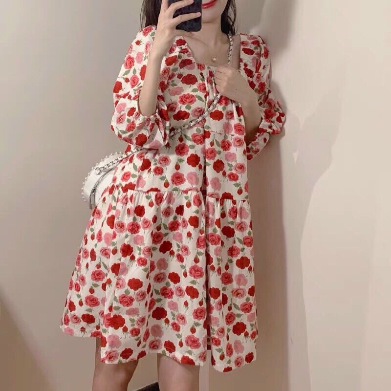 Đầm babydoll hoa hồng tay lỡ dễ thương