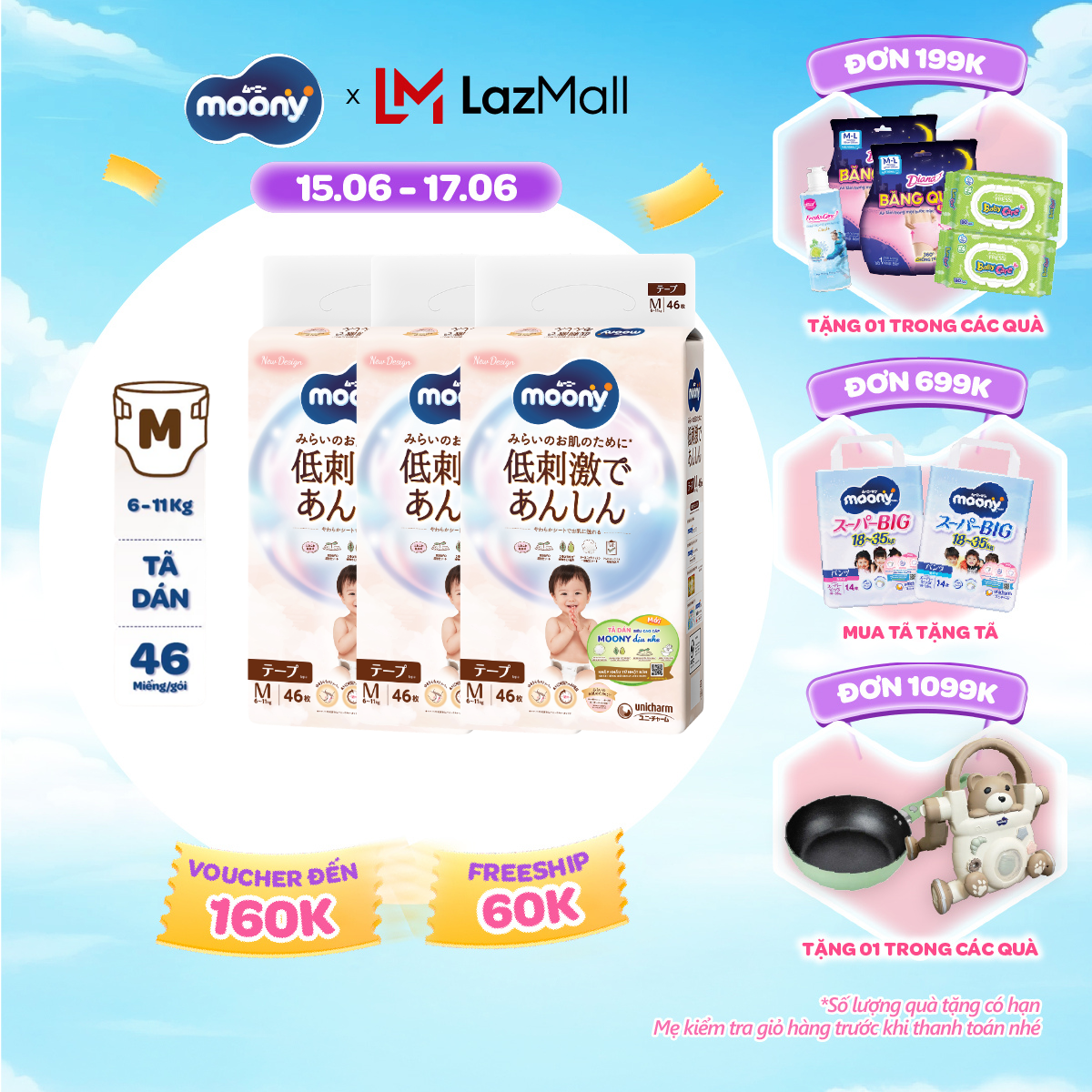 [SALE GIỮA THÁNG tặng QUÀ TO-SLCH] Combo 3 tã dán Moony Dịu Nhẹ siêu cao cấp M46 miếng - Nhập khẩu từ Nhật Bản