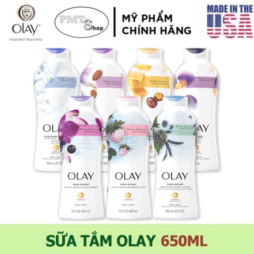 [NK Mỹ] Sữa tắm dưỡng ẩm Olay 650ml Muối Biển Hạnh Nhân Hoa Lan Dâu Tây Bơ Hạt Mỡ Lavender Chống lão hóa Made in USA