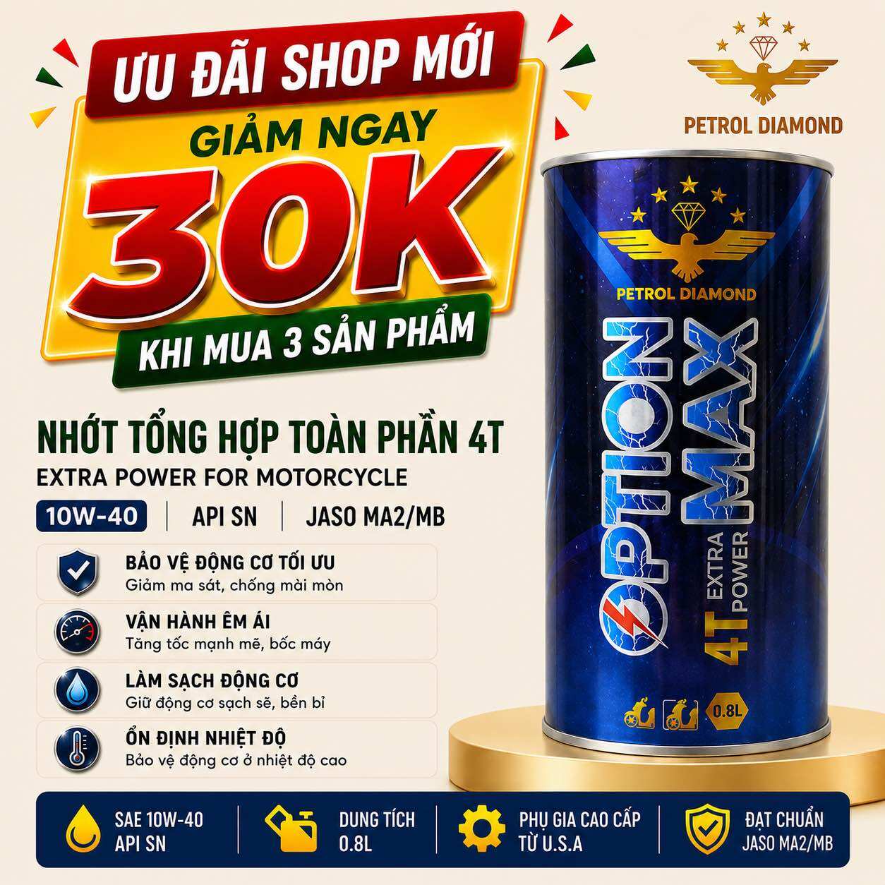 Nhớt Xe Máy Petrol Diamond Option Max 10W40 API SN JASO MA2/MB Cho Cả Xe Ga Và Xe Số 100% tổng hợp Bảo vệ toàn diện