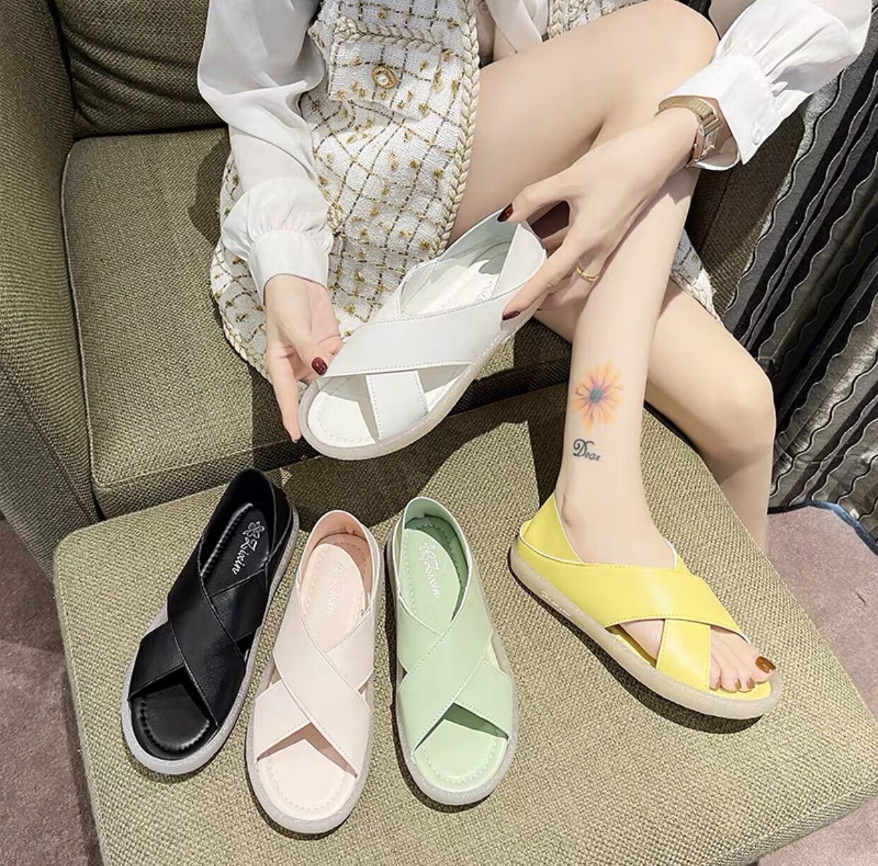 Sandal nữ, dép quai chéo bản to chất da cá tính