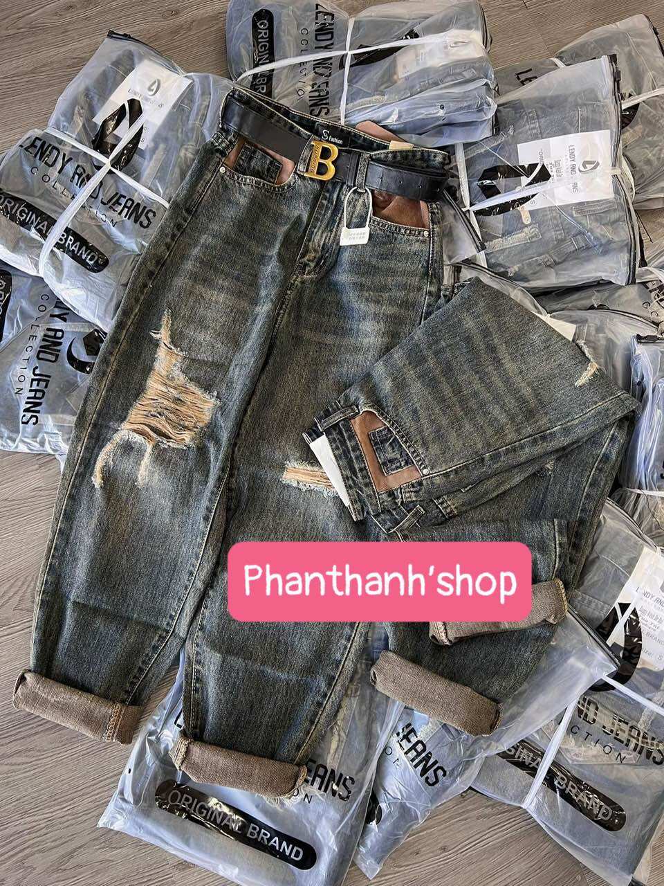Quần baggy QC - jeans lưng chun tag hồng