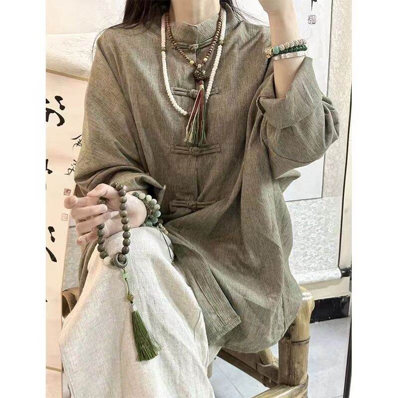 Bộ Đồ Trà Phong Cách Trung Hoa Mới Bằng Vải Lanh Cotton Pure Color Cổ Đứng Tay Thường Không Có Thương Hiệu Quần Áo Nữ