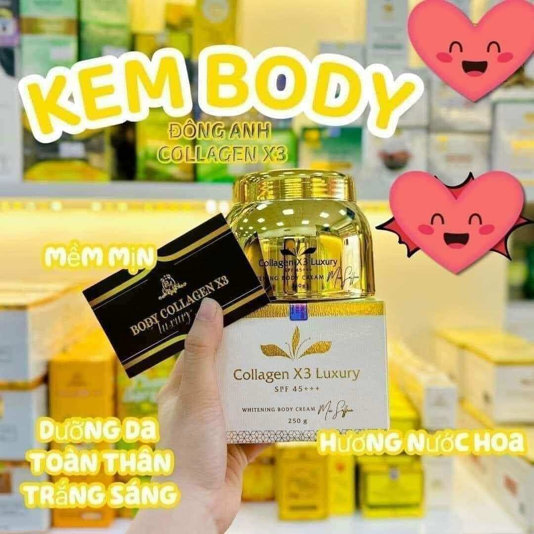 KEM BODY LUXURY COLLAGEN X3 ĐÔNG ANH  Chính hãng  Cty Đông Anh. Trọng lượng : 250g
Kem body X3. Đố mọi người hộp kem này bao nhiêu tiền. Nhìn thôi đã thấy mê rồi .
Chất kem bao mịn
