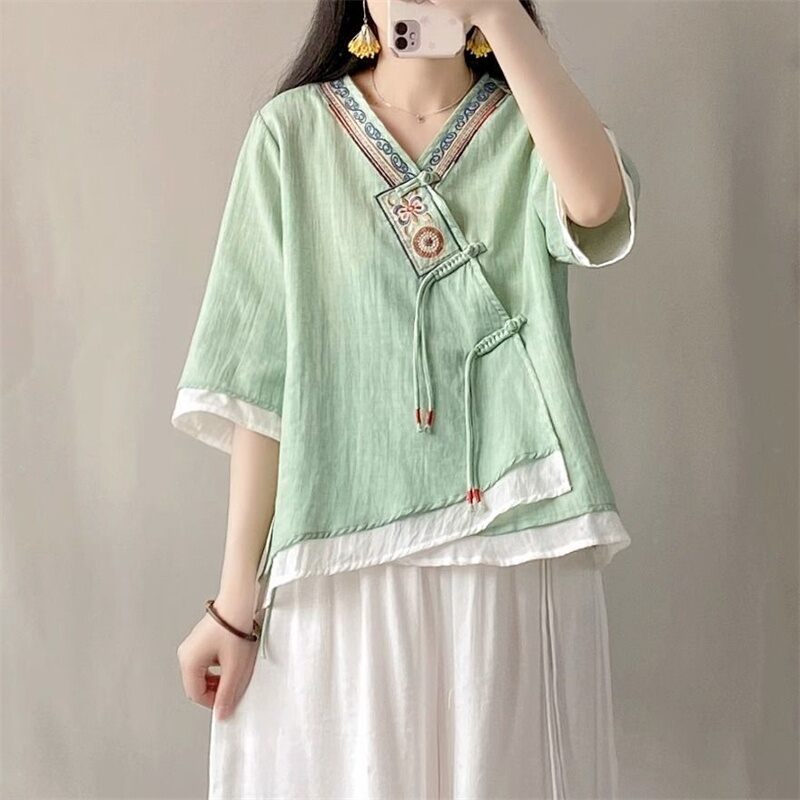 Áo Sơ Mi Vải Lanh Cotton Cổ Điển Trung Quốc Mùa Hè Áo Sơ Mi Tay Ngắn Dáng Rộng Cổ Chữ V Cài Nút Kiểu Trung Hoa Giản Dị