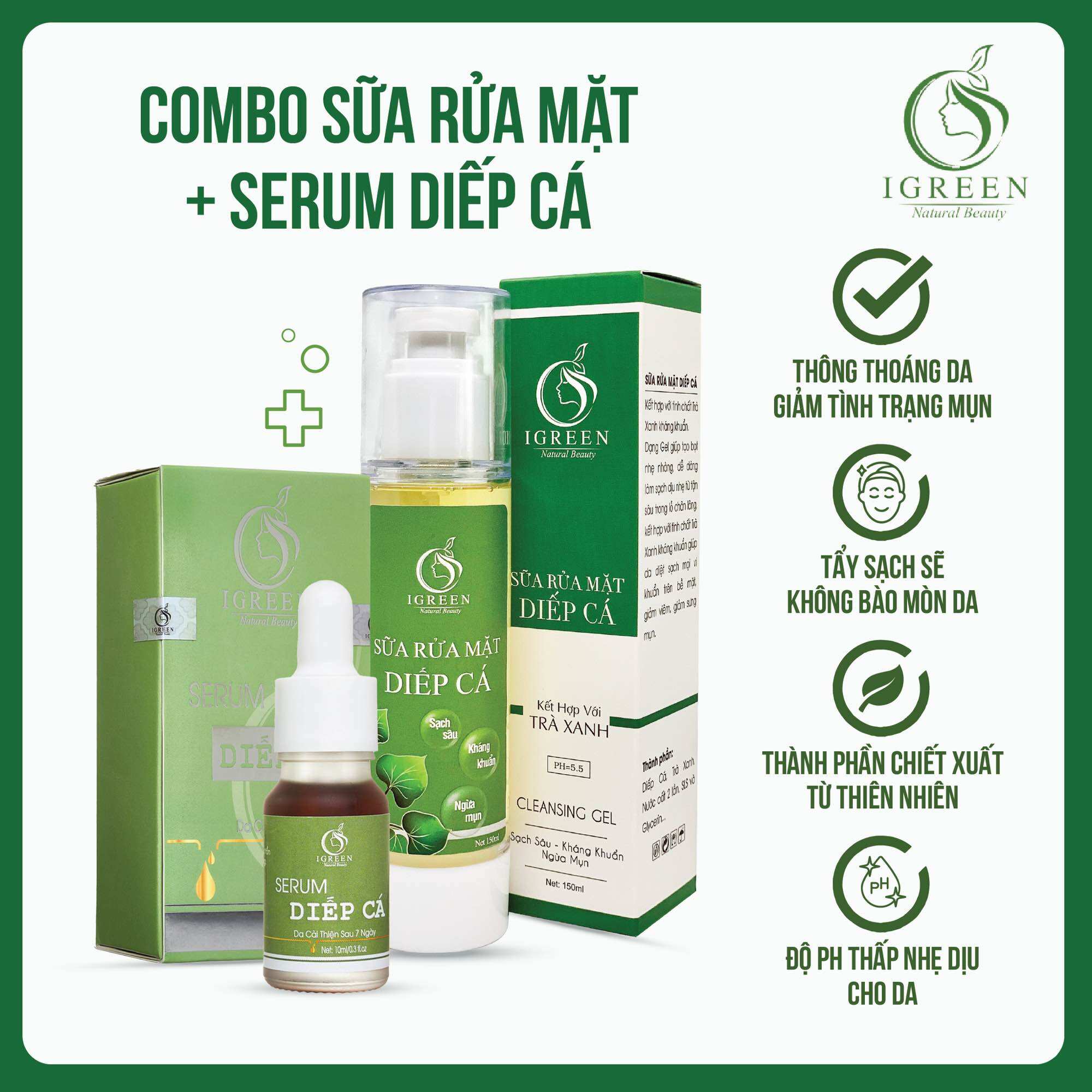 Combo Diếp Cá IGREEN (Sữa rửa mặt + Serum) – Sạch mụn, thâm
