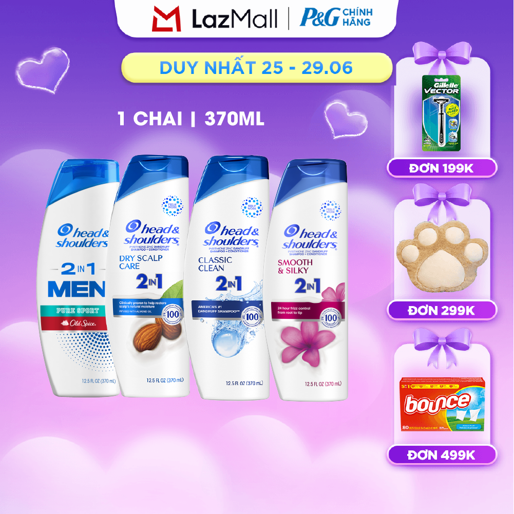 Dầu Gội Xả HEAD  SHOULDERS Nhập Khẩu Mỹ Sạch Gàu 2IN1 Hương Dry Scalp Care/ Pure Sport/ Smooth  Silky/ Classic Clean Chai 370ML