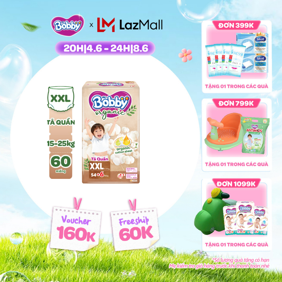 [QUÀ TẶNG HẤP DẪN TỪ 9-10.6][MỚI RA MẮT] [TẶNG KÈM 6 MIẾNG] Tã quần cao cấp Bobby Organic chăm sóc dịu nhẹ từ thiên nhiên XXL54