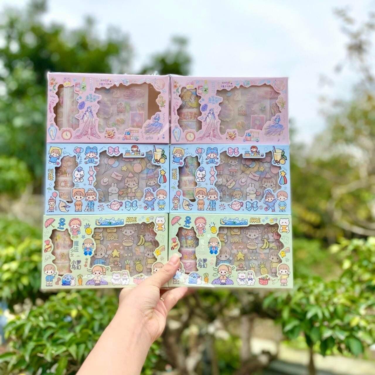 Hộp 10 tấm sticker+3 cuộn washi