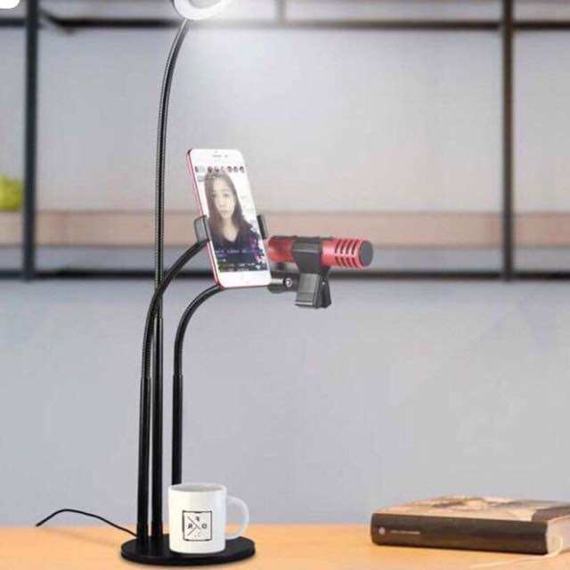Bộ hát karaoke, live tream trên điện thoại ( Chân đế kẹp mic 3in1 có đèn Led + Micro C7)