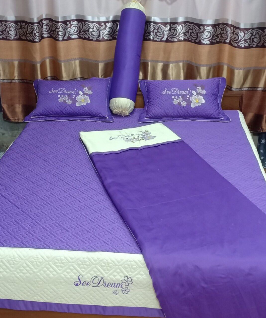 Bộ Chăn Ga Gối SaTin 5 Món Cao Cấp( 1 Chăn, 1 Drap, 2 Vỏ Gối Nằm, 1 Vỏ Gối Ôm)