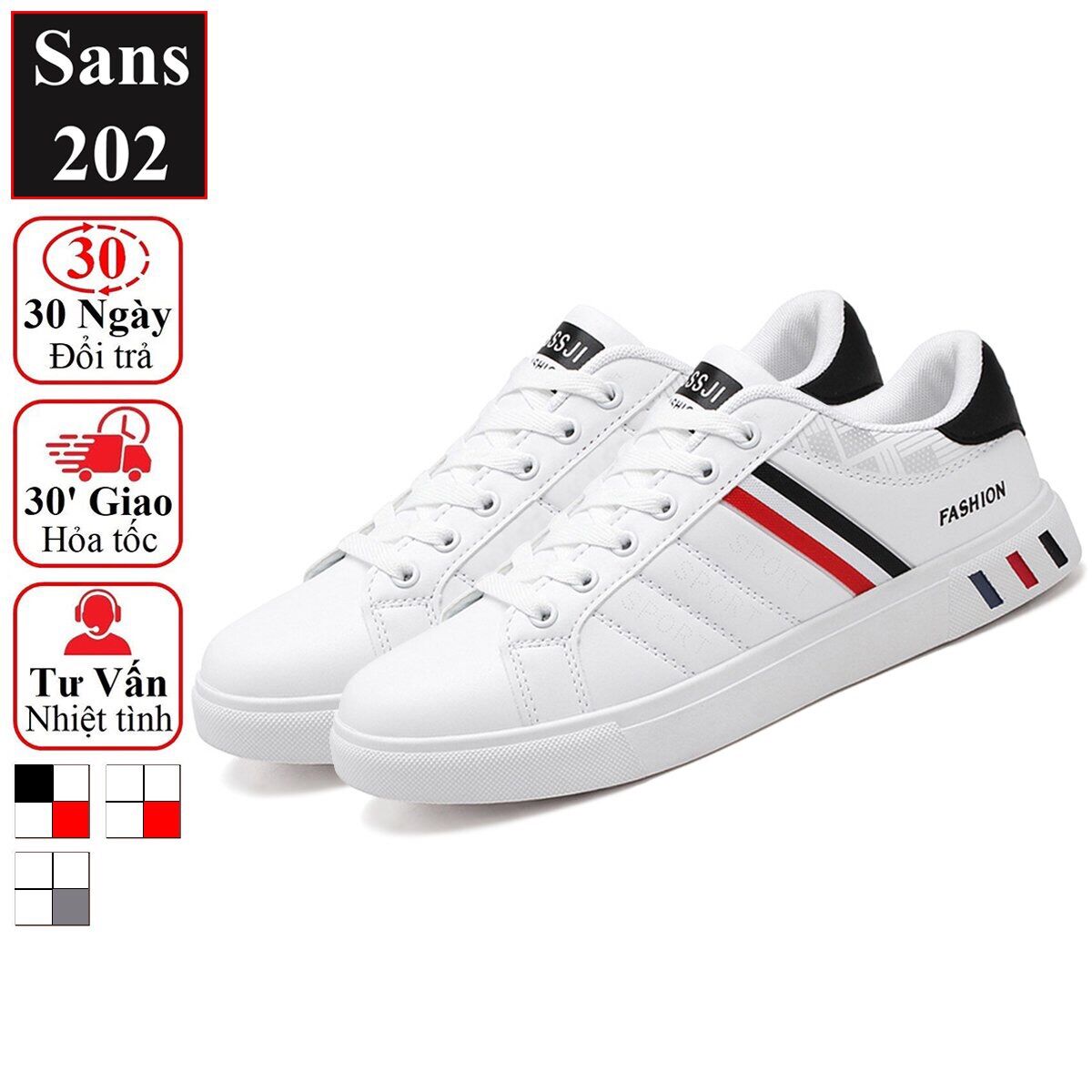 Giày thể thao nam Sans202 giầy sneaker đẹp màu trắng đen sport cổ thấp đế bằng fashion trẻ trung thời trang cá tính