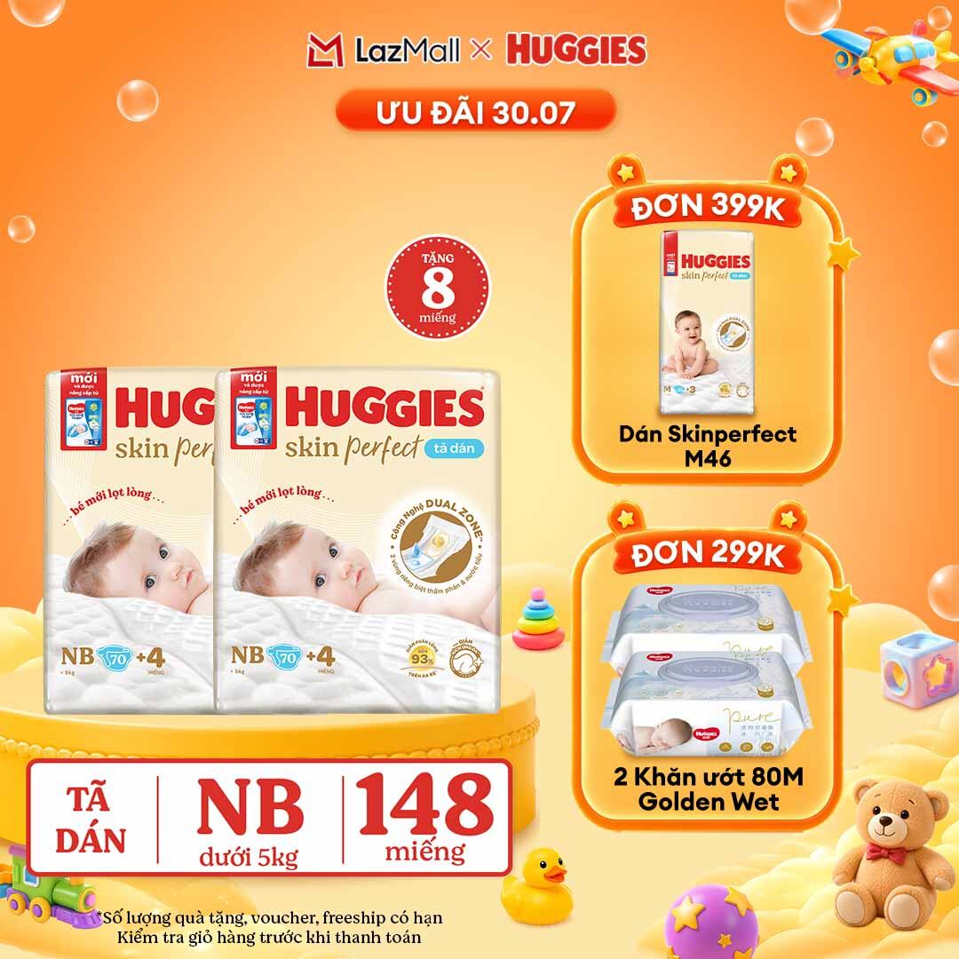 [30.7 QUÀ TẶNG ĐƠN 0Đ]  Combo 2 Tã/bỉm dán sơ sinh Huggies Skin Perfect NB70 với 2 vùng thấm giảm kích ứng da