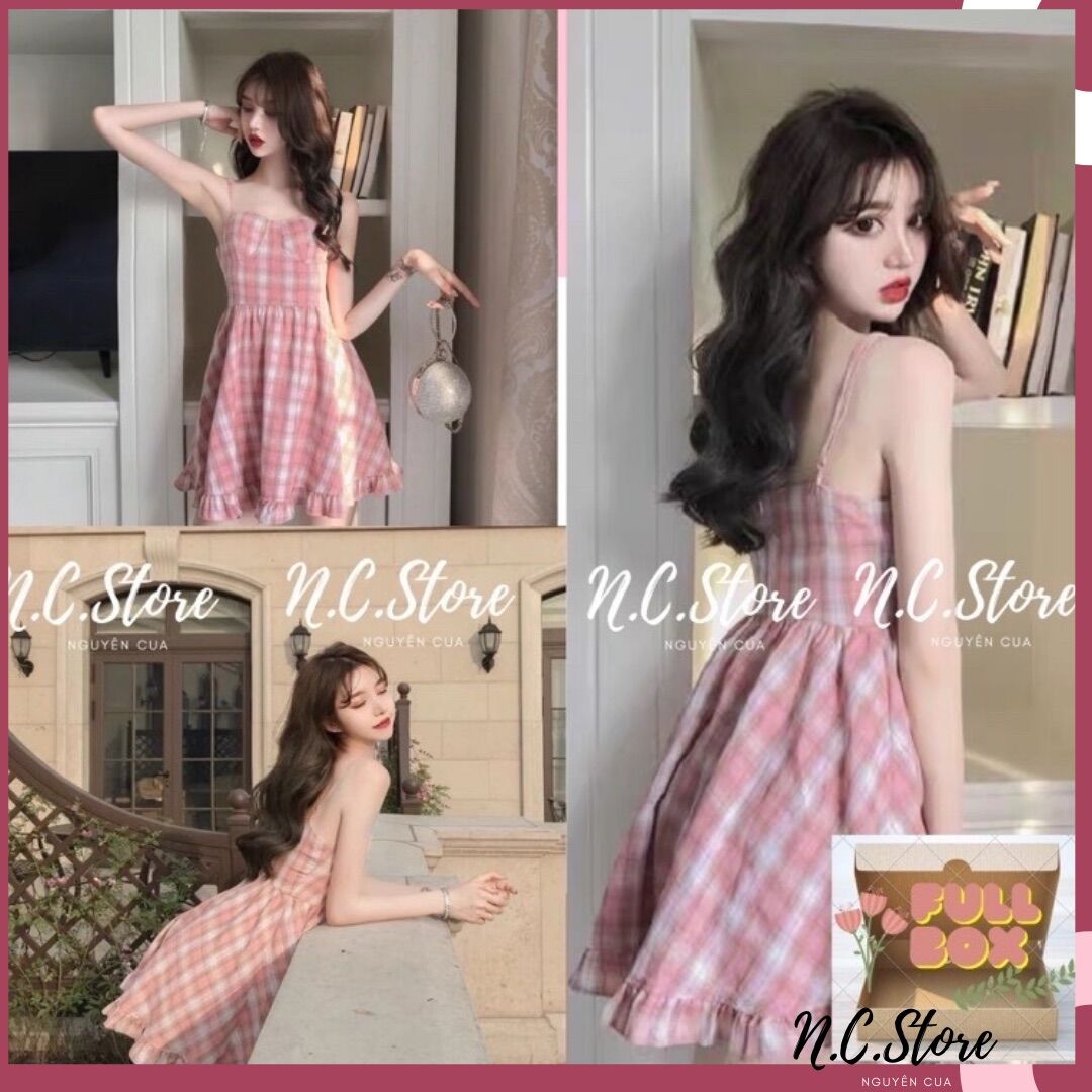 Đầm Caro  Hồng 2 Dây Có Mút Ngực