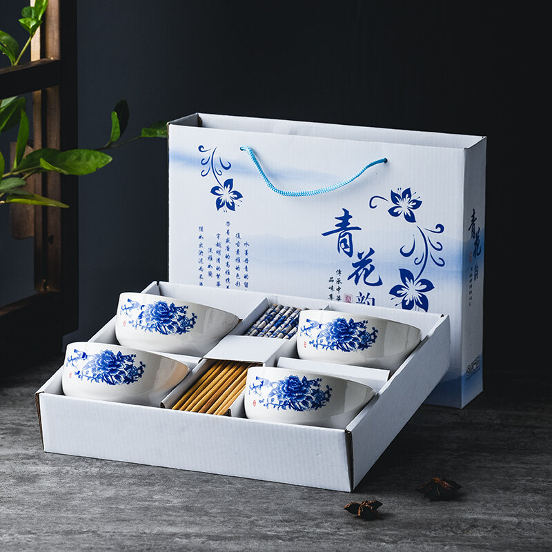 Bộ bát sứ thanh hoa bộ bát đũa bộ bát đũa quà tặng kiểu trung quốc bộ đồ ăn gốm sứ hộp quà bộ bát đĩa ăn cơm gia dụng