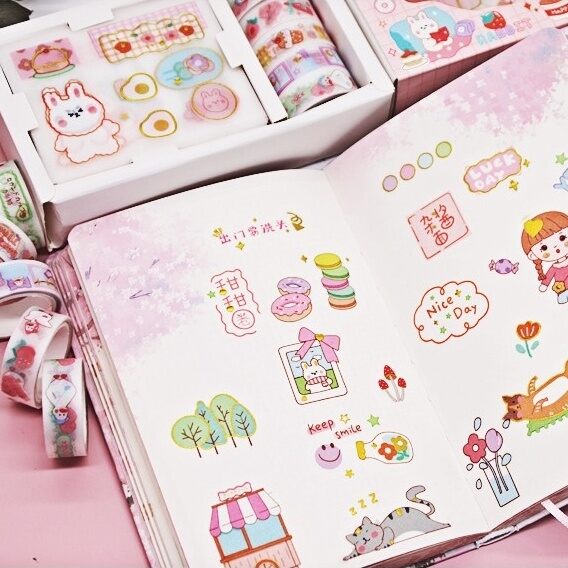 Hộp 5 cuộn Washi + 10 miếng stickers dễ thương