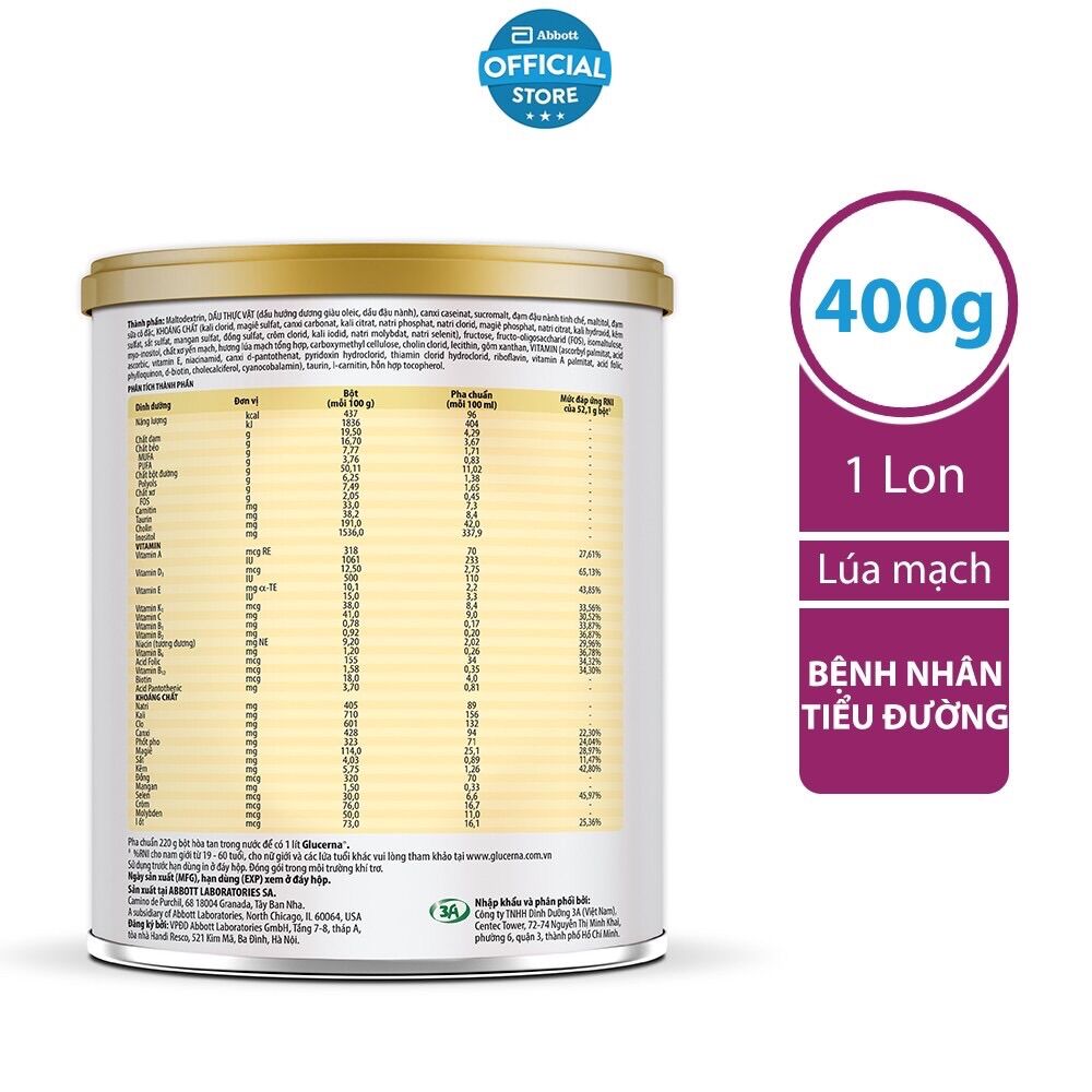 Sữa Bột Glucerna Lúa mạch 400g date mới