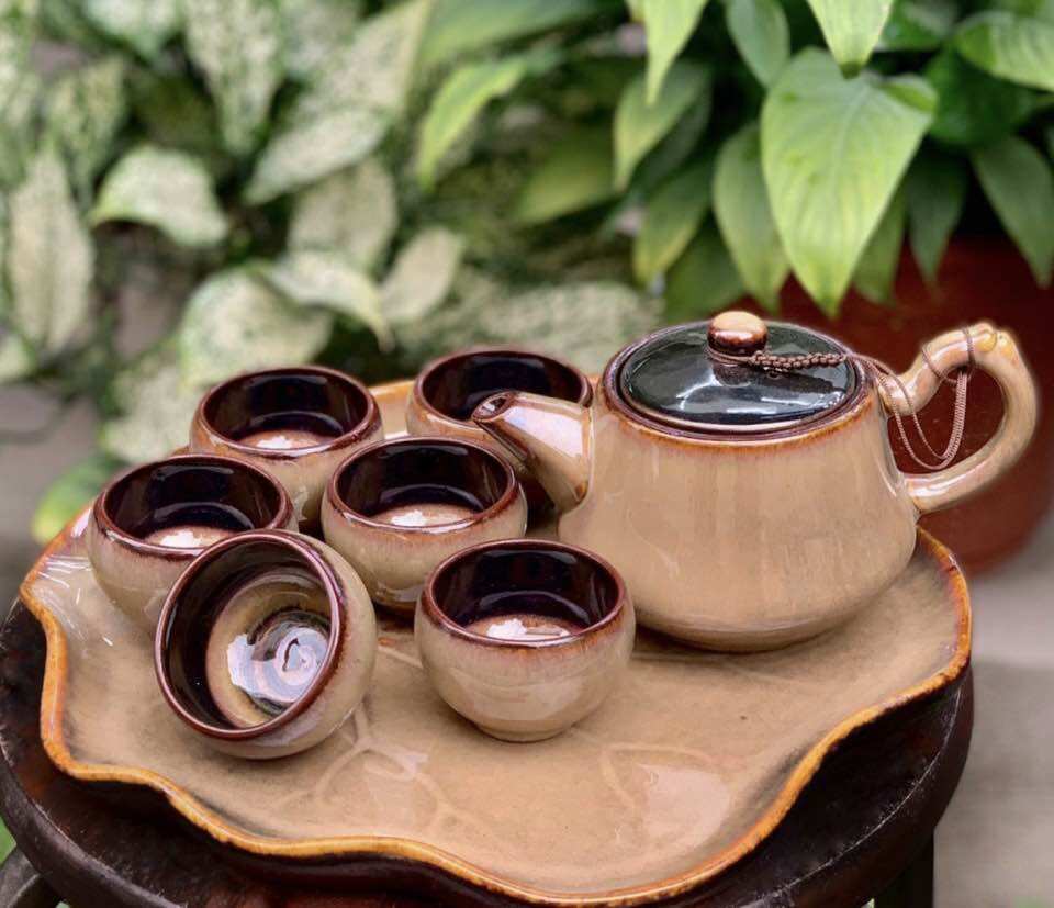 Bộ ấm trà men hỏa biến. Gốm sứ Bát Tràng.