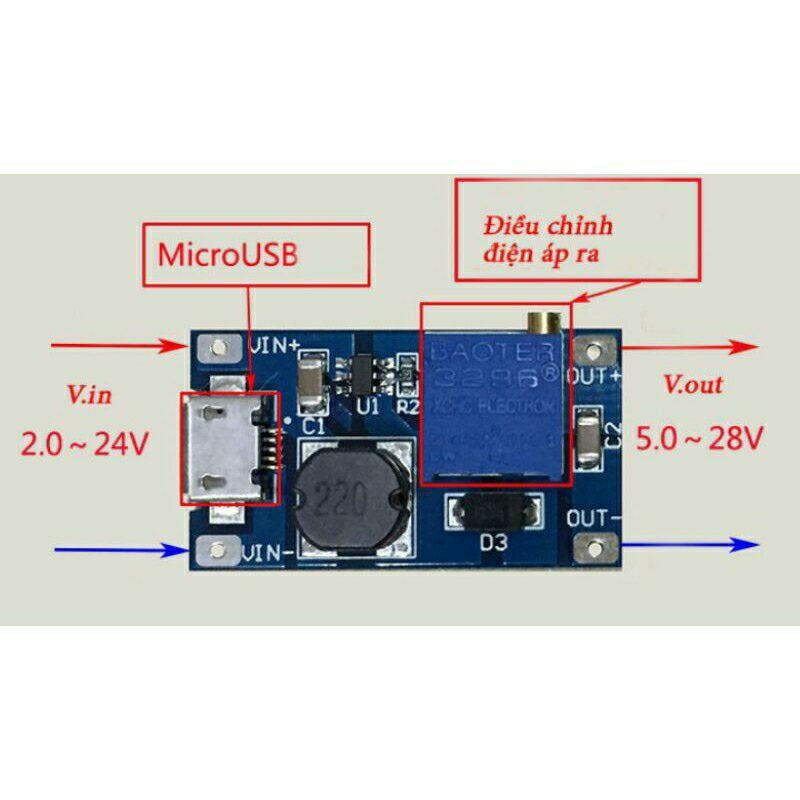0mạch tăng áp dc 2 - 20v sang 5 - 28v cổng micro usb
