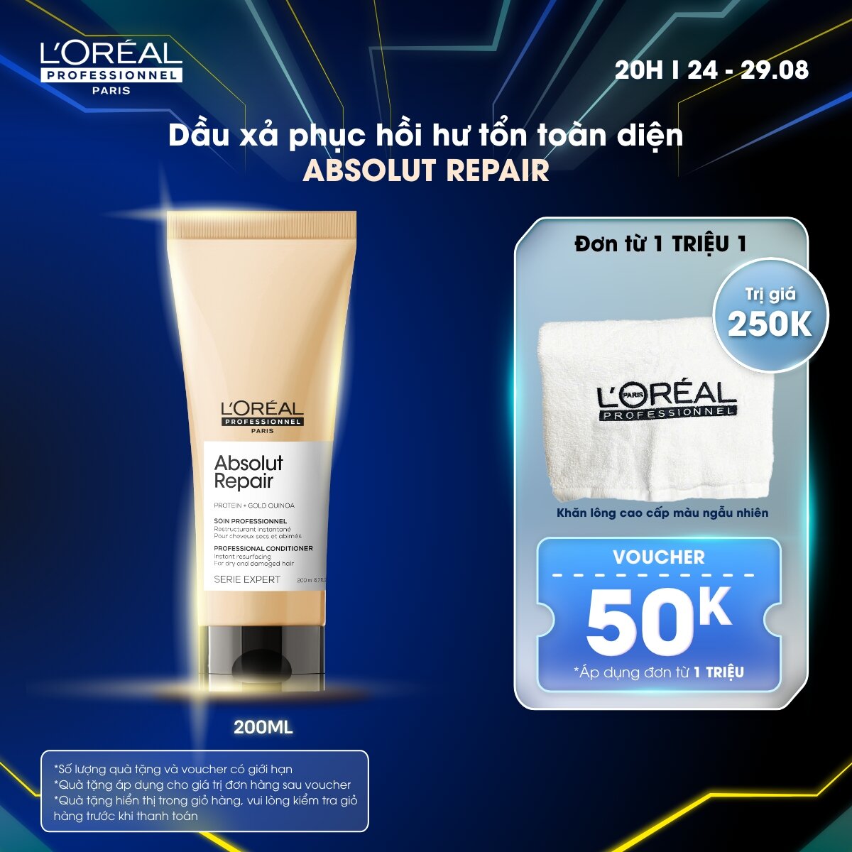 Dầu xả dưỡng tóc mềm mượt & phục hồi hư tổn toàn diện L'Oréal Professionnel Serie Expert Absolut Repair 200ml - Dành cho tóc khô xơ, hư tổn