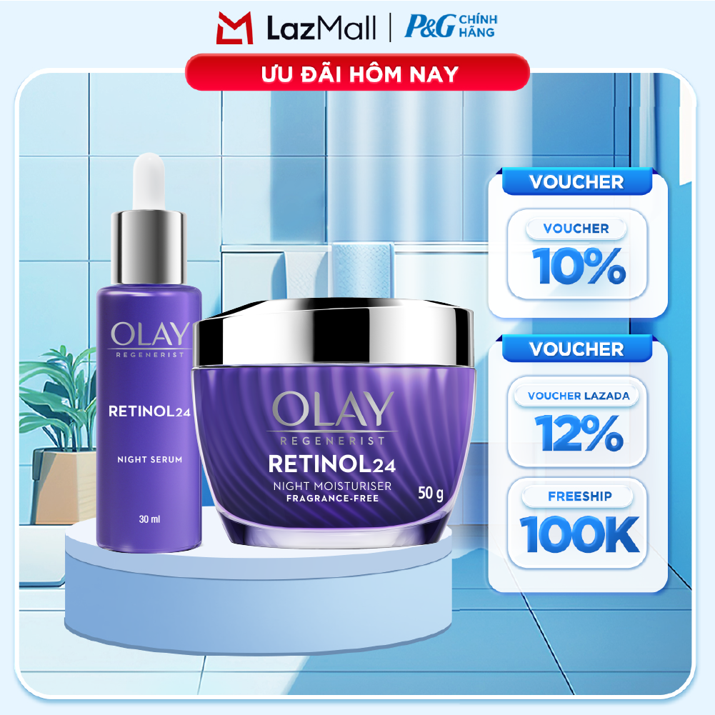 Combo Kem Dưỡng Ban Đêm OLAY RETINOL24 Giúp Giữ Nét Tươi Trẻ Cho Da  Mờ Nếp Nhăn Hũ 50G + Serum OLAY RETINOL24 Giúp Giữ Nét Tươi Trẻ Cho Da  Mờ Nếp Nhăn Chai 30ML