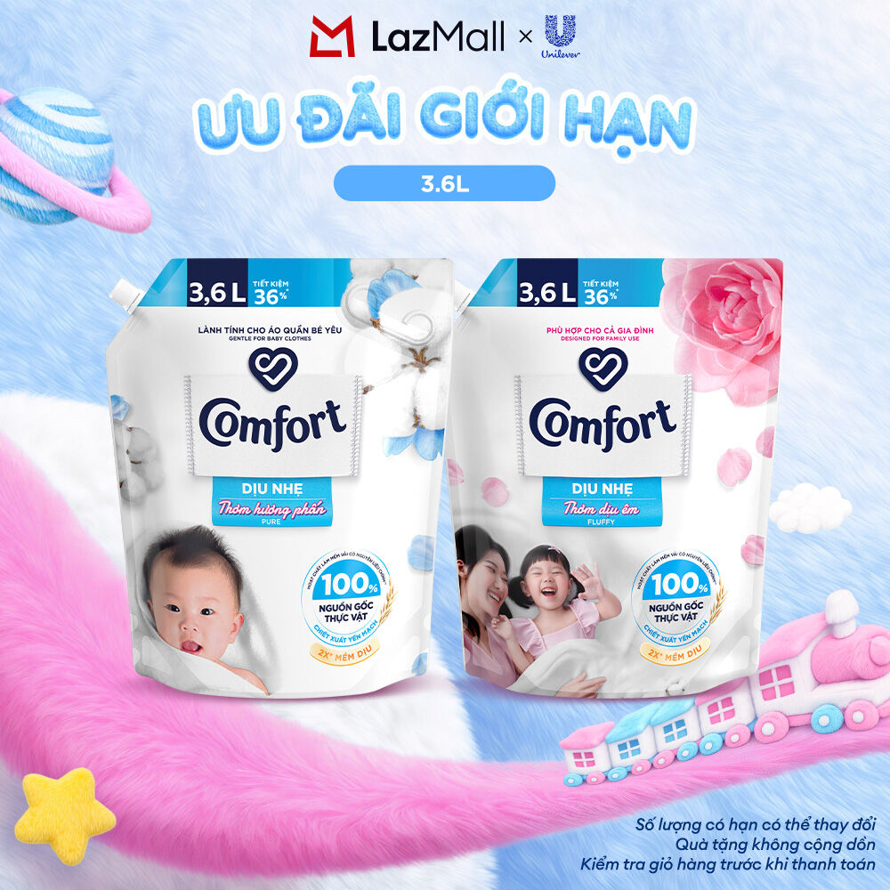Túi Nước Xả Vải Comfort Dịu Nhẹ Thơm Hương phấn/Dịu êm cho Cả Gia Đình 3.6L