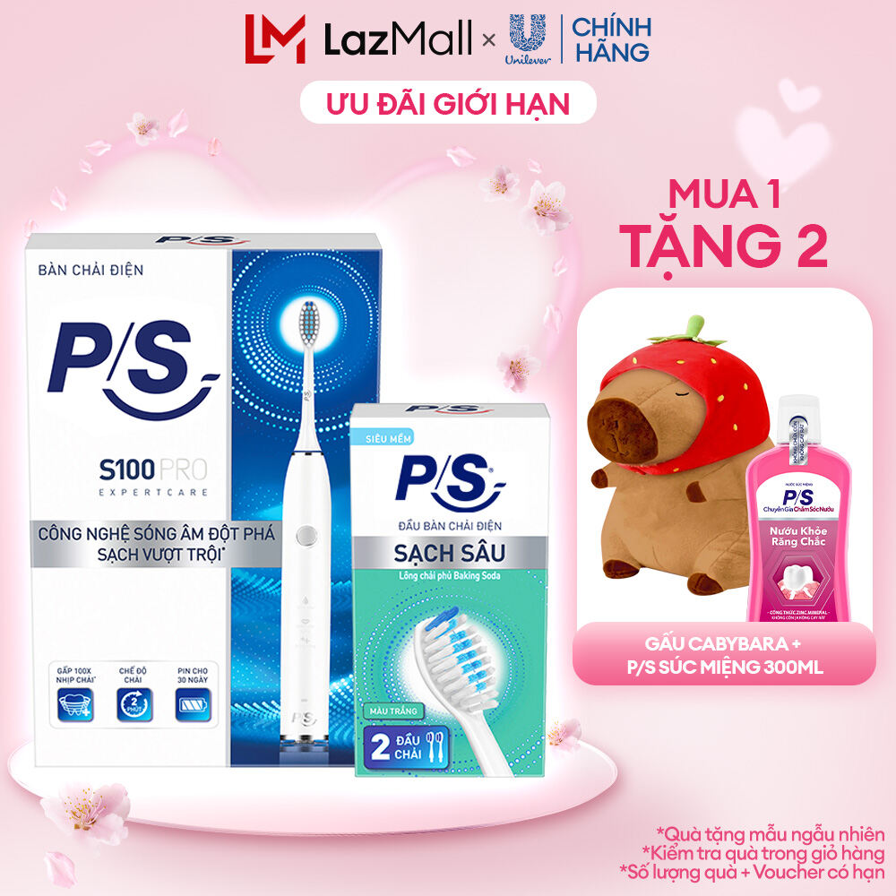 Bộ Bàn Chải Điện P/S S100 PRO màu trắng & Bộ 2 đầu chải thay thế Sạch Sâu