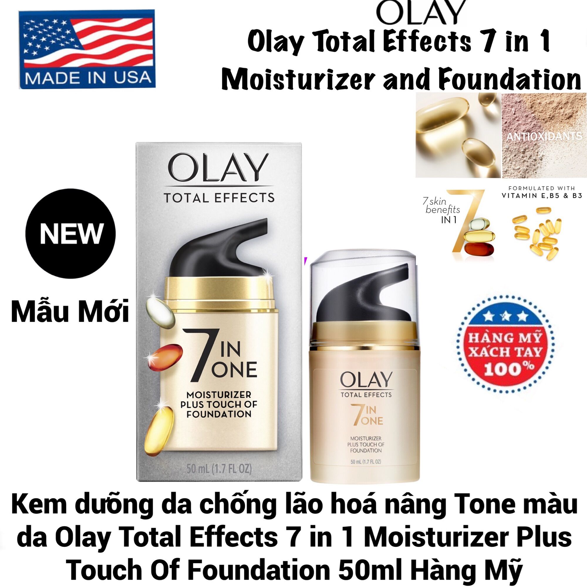Kem dưỡng da chống lão hóa Nâng Tone Olay Total Effects 7in1 Moisturizer Plus Touch Of Foundation 50 ml USA