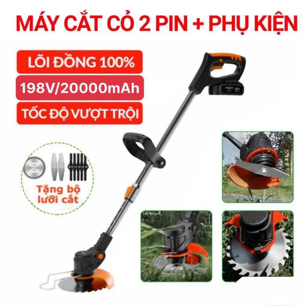 Máy cắt cỏ dùng pin lapusen 198v, máy phát cỏ cầm tay tặng bộ 8 lưỡi cắt