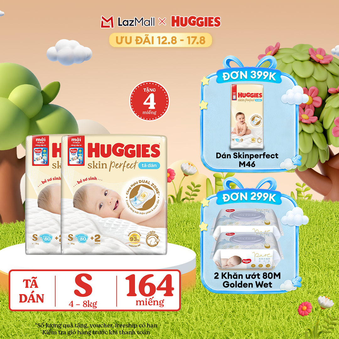 [12-17.08 QUÀ TẶNG ĐƠN 0Đ]  Combo 2 Tã/Bỉm dán sơ sinh Huggies Skin Perfect S80 - 80 miếng
