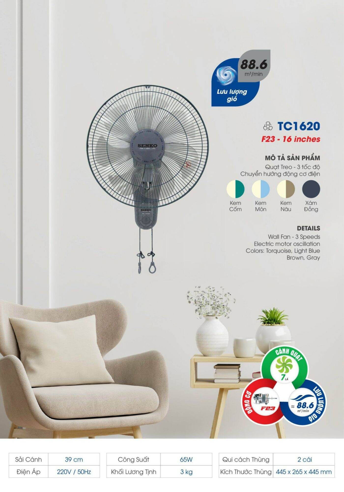 Quạt treo 2 dây senko tc1620 - bh 24 tháng chính hãng