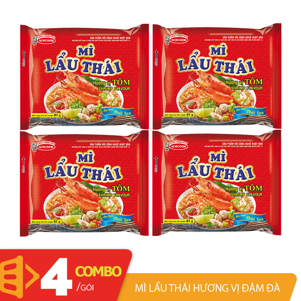 Combo 4 gói mì Lẩu Thái hương vị tôm Acecook gói 81gr