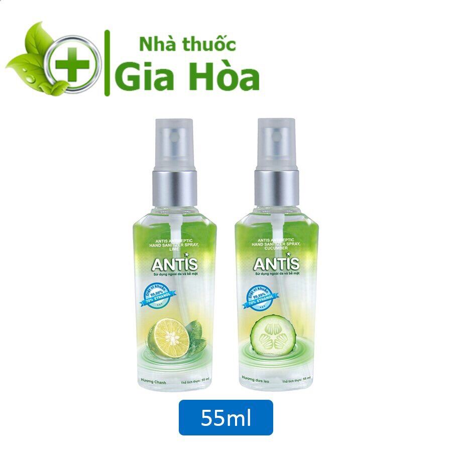 Dung dịch nước rửa tay sát khuẩn Antis chai xịt 55ml diệt khuẩn nhanh