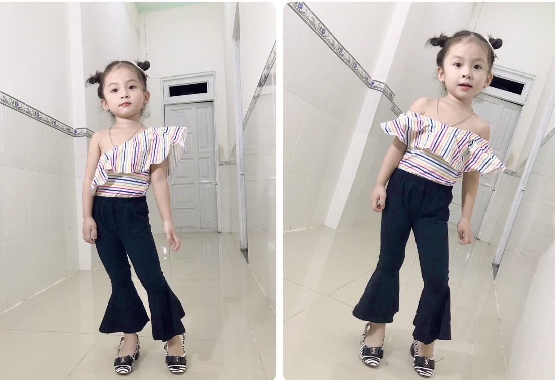set áo trễ vai quần loe bé gái