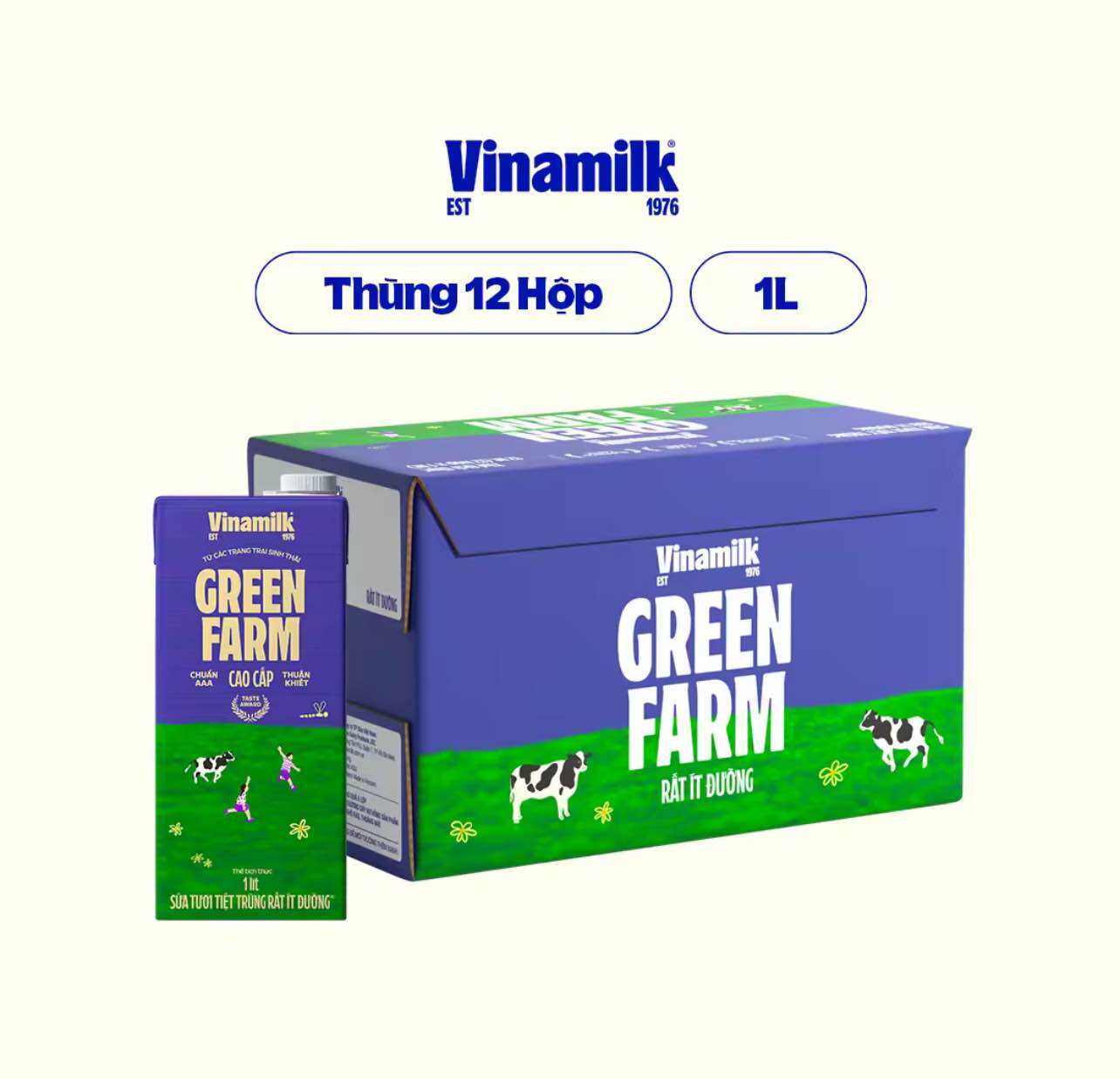 Sữa Tươi Tiệt Trùng Vinamilk Green Farm Rất Ít Đường - Thùng 12 hộp 1L