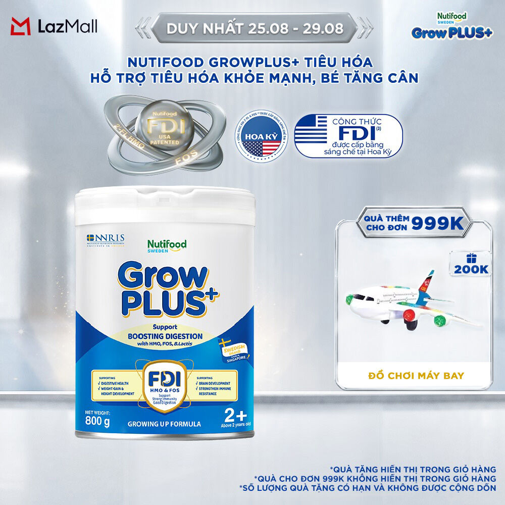 Sữa bột Nutifood Sweden GrowPLUS+ Tiêu Hóa (Xanh Nhạt) 2+ - Hỗ trợ tiêu hóa khỏe mạnh, bé tăng cân (Lon 800g)