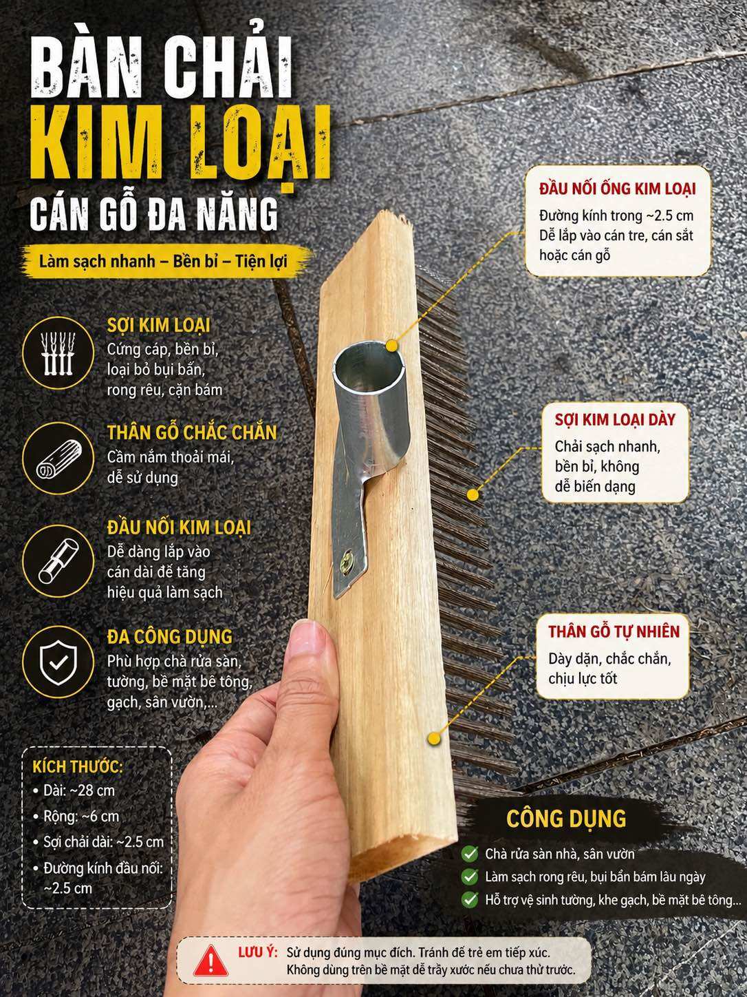 Bàn chải chà rêu 30cm có đầu nói inoc