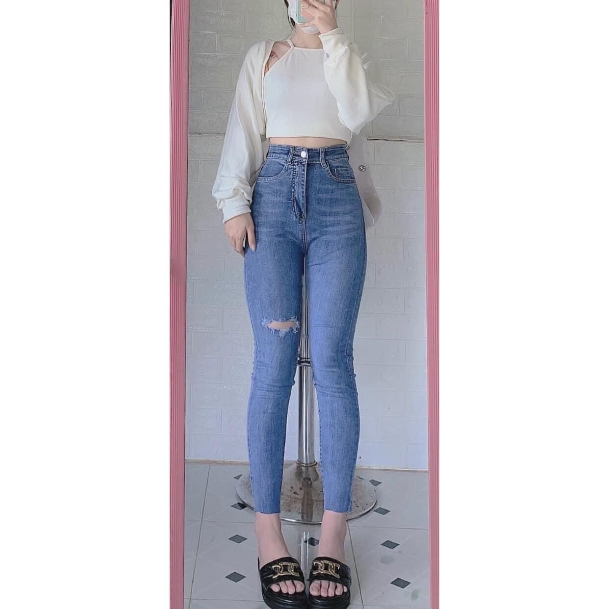 Set jeans dài co giãn tua lai + set 2 món áo khoác yếm