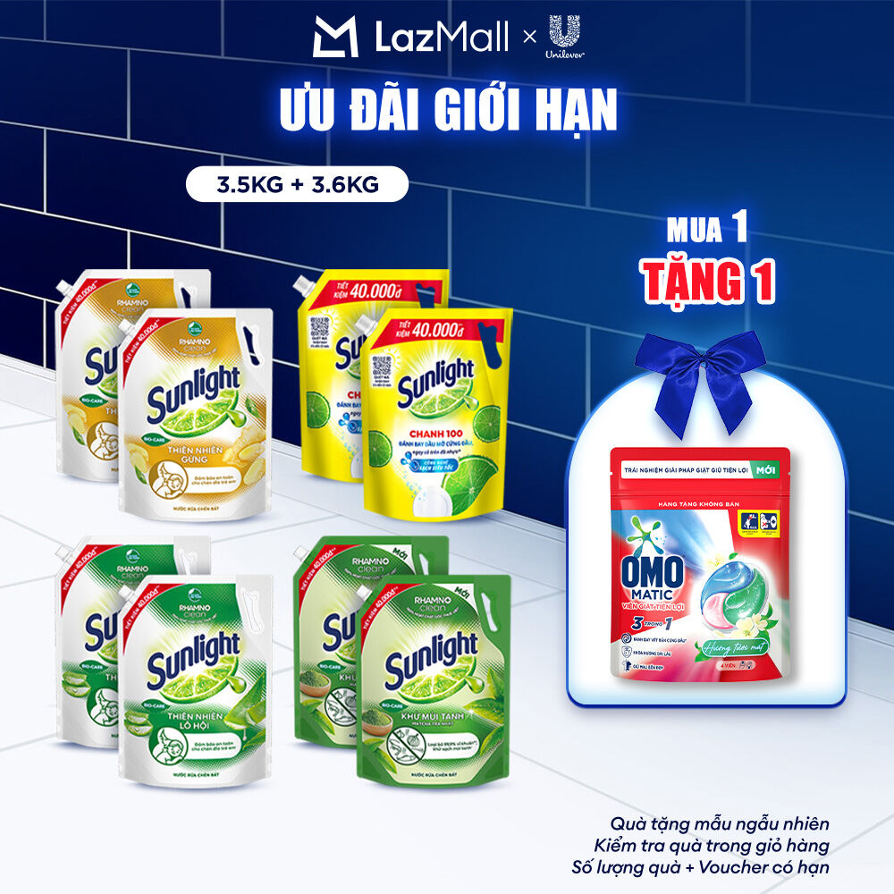  COMBO 2 Nước rửa chén Sunlight Thiên Nhiên Túi 3.3kg & Chanh Túi 3.5kg | Công nghệ Rhamno Clean | Đánh bay dầu mỡ ngay cả trên đồ nhựa 