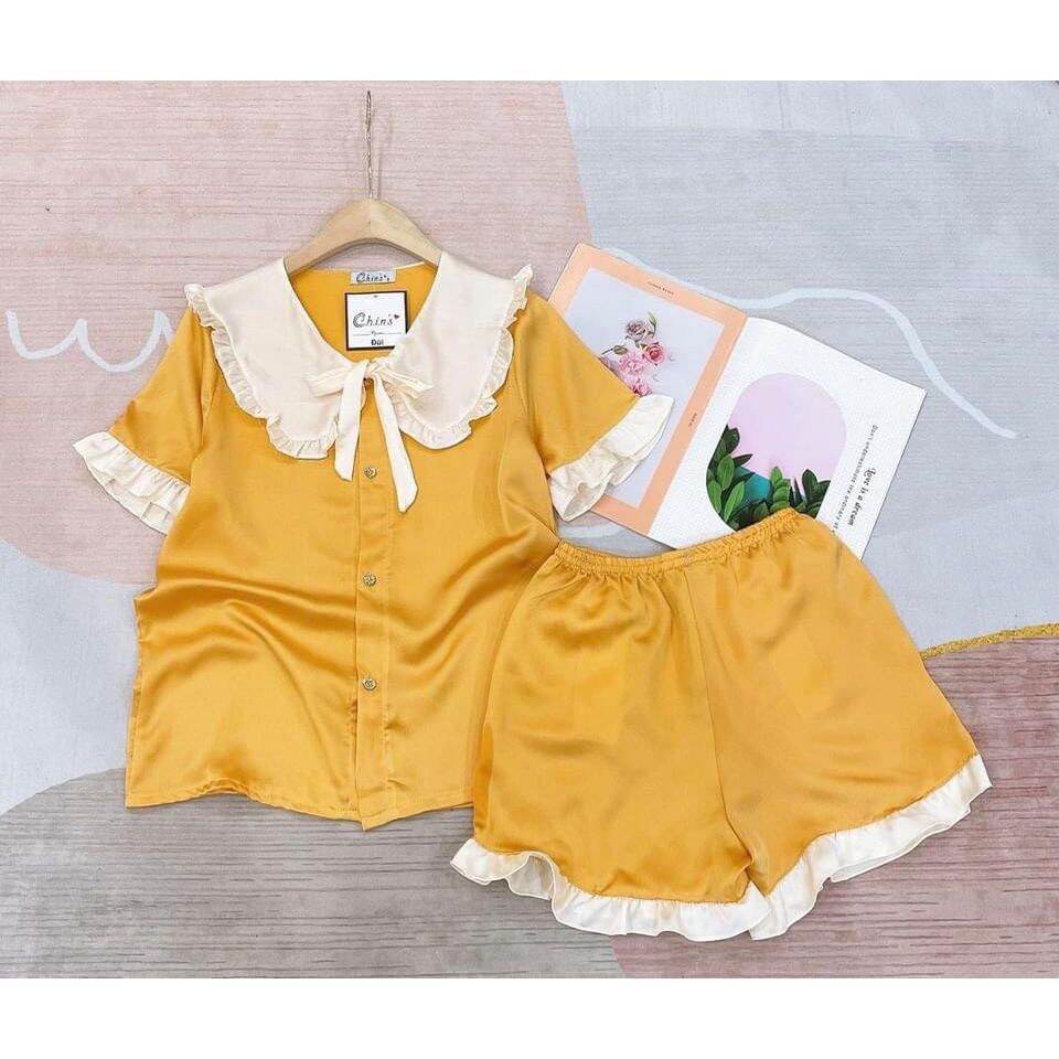 Đồ bộ pijama đùi, bộ đồ ngủ nữ mặc nhà cộc tay cổ bèo dễ thương chất liệu kate lụa