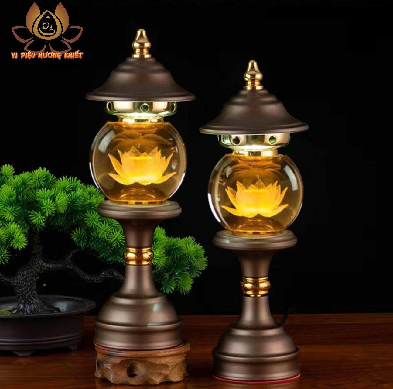 Cặp 2 cây đèn led hoa sen pha lê thờ cúng trang trí