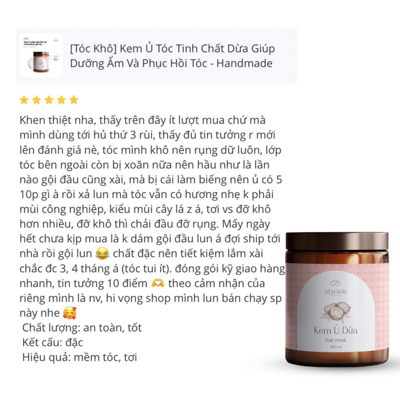 [Tóc Khô] Kem Ủ Tóc Tinh Chất Dừa Giúp Dưỡng Ẩm Và Phục Hồi Tóc - Handmade
