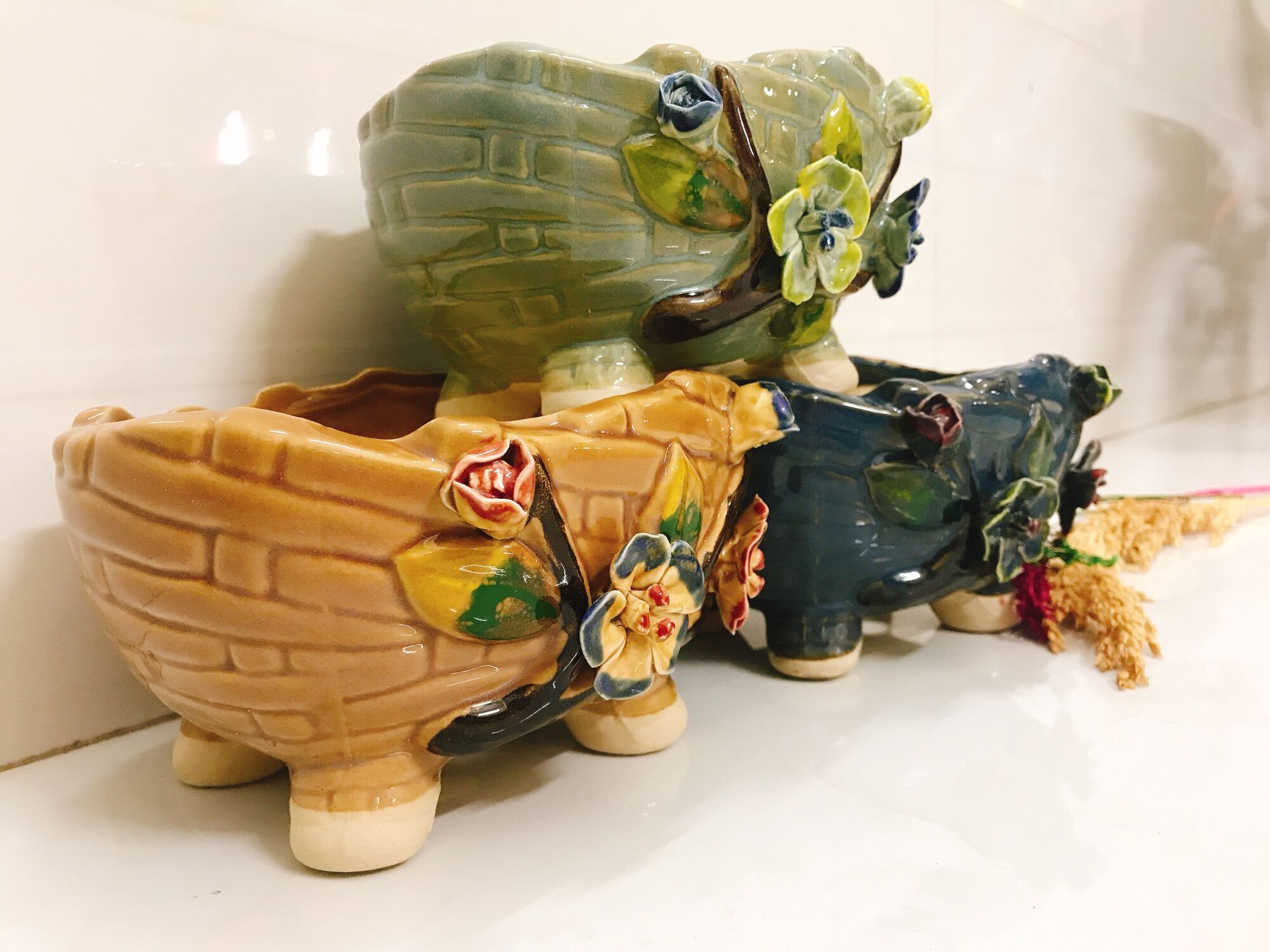 Chậu men đắp hoa 3D (thích hợp trồng sen đá sương rồng)