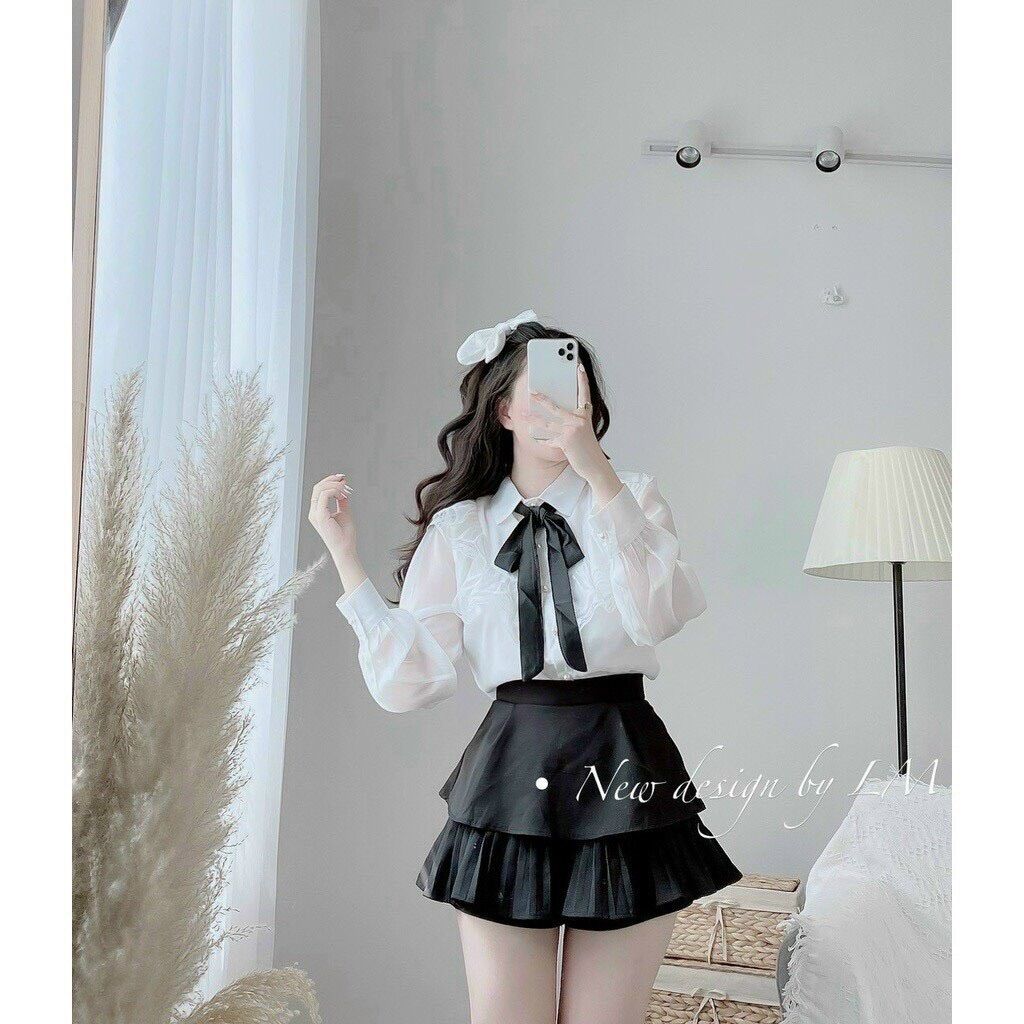 Áo sơ mi nữ cột nơ viền bèo